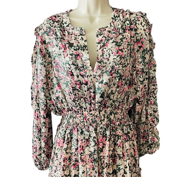 ELIE TAHARI Abstract Floral Tiered Maxi Dress Medium Pink Green Long Sleeve Glam - Picture 6 of 15